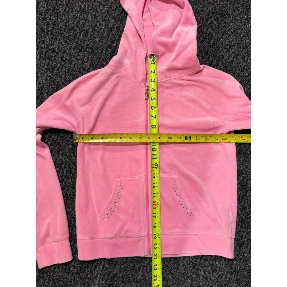 VTG Juicy Couture Hoodie Pink Velour Rhinestone Crest Zip Up Chic Girl XL 16 Y2K